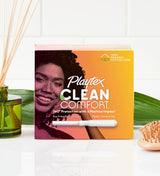 Box of Playtex Clean Comfort Tampons on bathroom counter