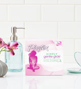 Box of Playtex Simply Gentle Glide Tampons on bathroom counter