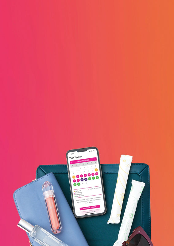 personal products, including wallet, tampons and make-up spread out with Playtex® Period Tracker displayed on mobile phone.